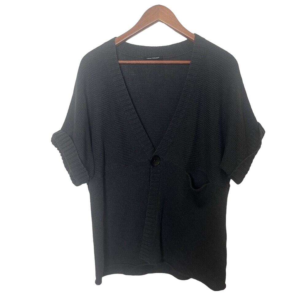 Luisa Cerano Women’s Size 14 Black Cotton Blend Short Sleeve Knit Cardigan